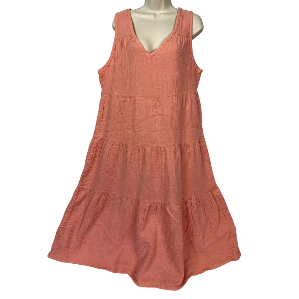 Quince Dress Women L Pink Tiered Maxi V Neck Sundress Boho Organic Cotton Gauze